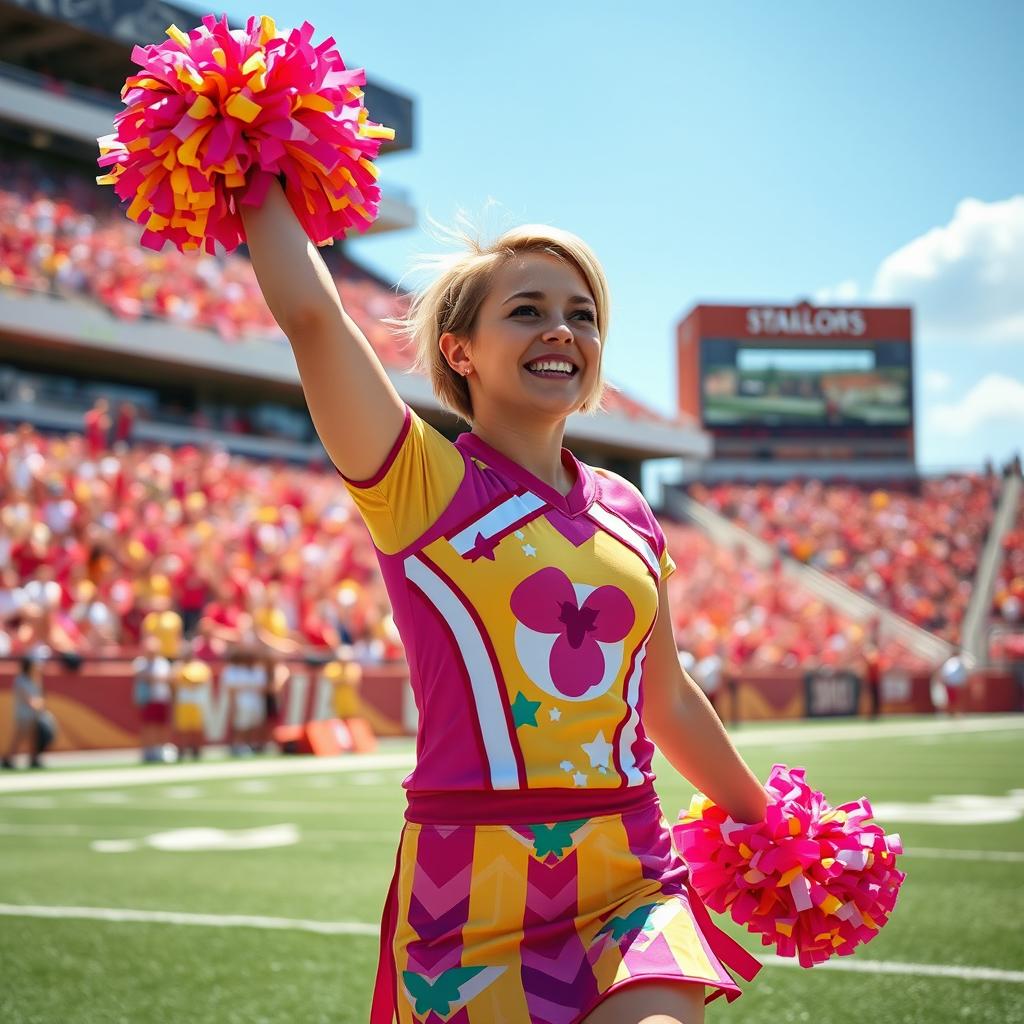 A spirited cheerleader with short blonde hair, wearing a vibrant cheerleading uniform in bright colors with fun patterns