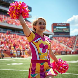 A spirited cheerleader with short blonde hair, wearing a vibrant cheerleading uniform in bright colors with fun patterns