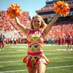 A spirited cheerleader with short blonde hair, wearing a vibrant cheerleading uniform in bright colors with fun patterns