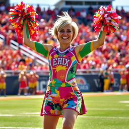 A spirited cheerleader with short blonde hair, wearing a vibrant cheerleading uniform in bright colors with fun patterns
