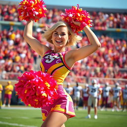 A spirited cheerleader with short blonde hair, wearing a vibrant cheerleading uniform in bright colors with fun patterns