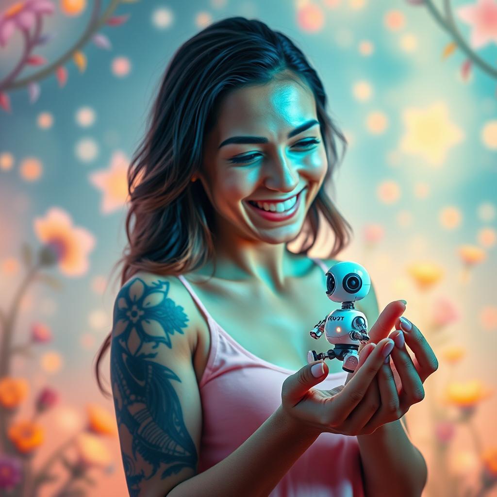 A vibrant image of a woman with a striking tattoo on her arm, gently cradling a small, intricate robot in her hands