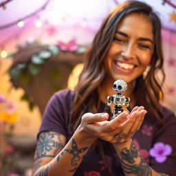 A vibrant image of a woman with a striking tattoo on her arm, gently cradling a small, intricate robot in her hands