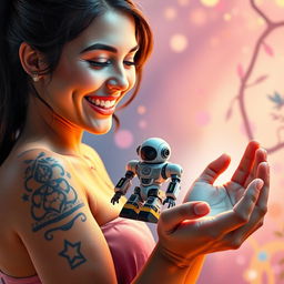 A vibrant image of a woman with a striking tattoo on her arm, gently cradling a small, intricate robot in her hands