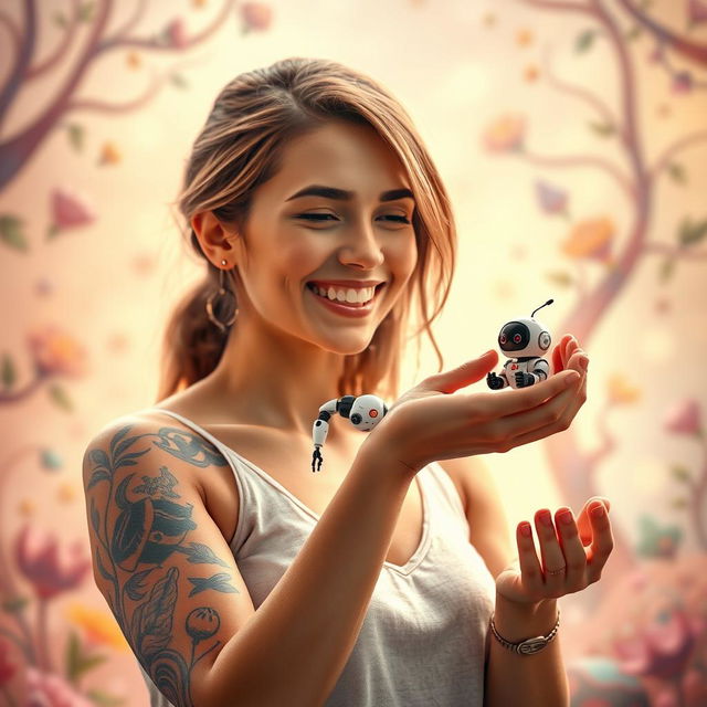 A vibrant image of a woman with a striking tattoo on her arm, gently cradling a small, intricate robot in her hands