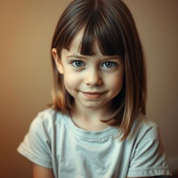 A portrait of a young girl with brown hair, around 12 years old, displaying an uncertain expression