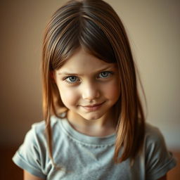 A portrait of a young girl with brown hair, around 12 years old, displaying an uncertain expression