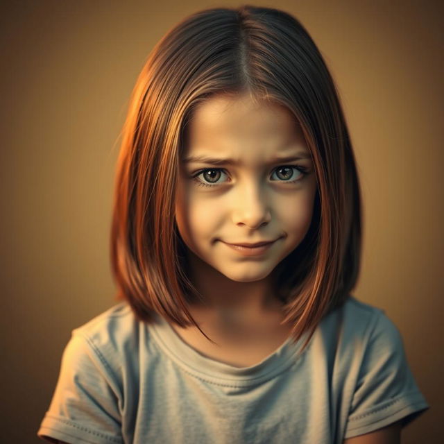 A portrait of a young girl with brown hair, around 12 years old, displaying an uncertain expression