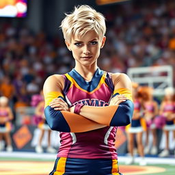 A fierce cheerleader with short blonde hair, dressed in a stylish, eye-catching cheerleading uniform in bold colors