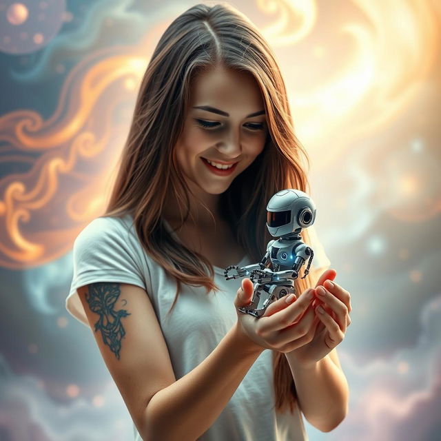 A striking image of a young woman with a detailed tattoo on her forearm, tenderly holding a small, advanced-looking robot in her hands