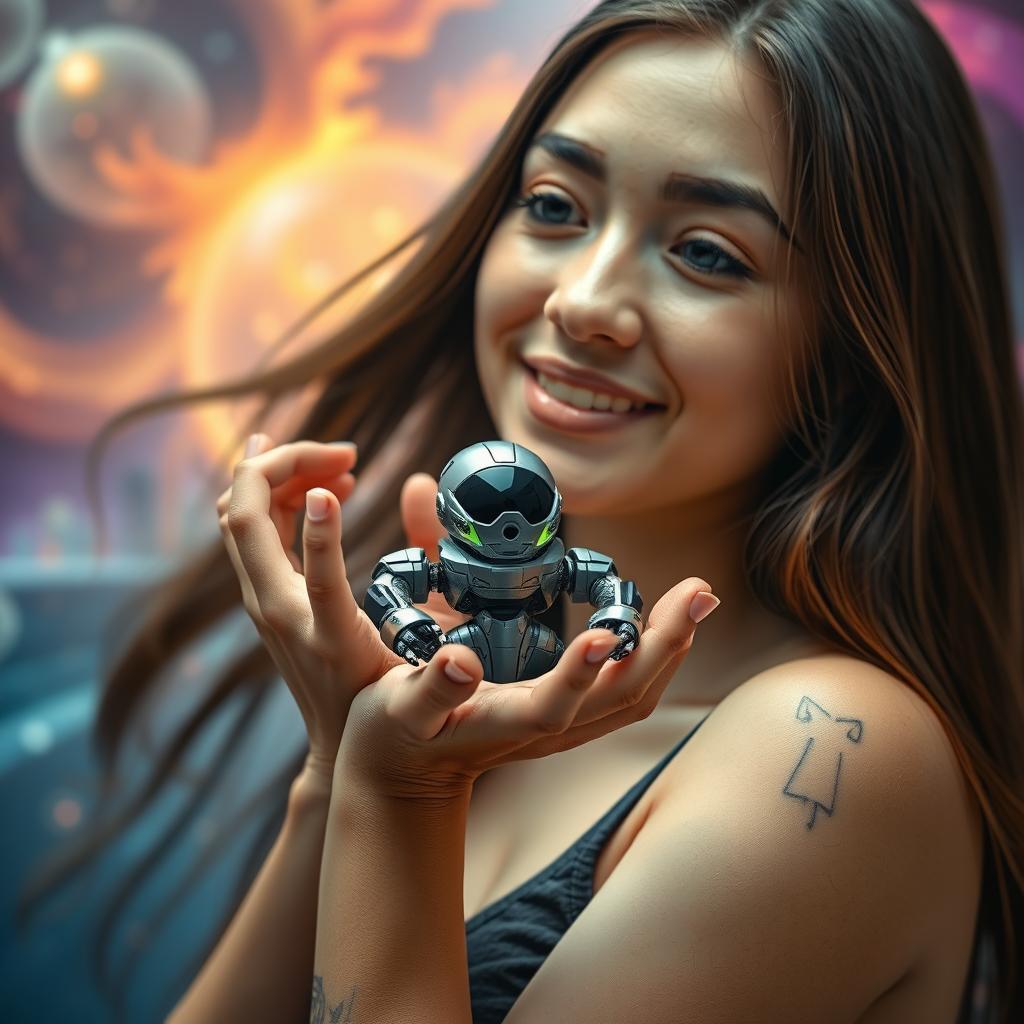 A striking image of a young woman with a detailed tattoo on her forearm, tenderly holding a small, advanced-looking robot in her hands