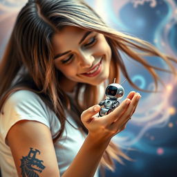 A striking image of a young woman with a detailed tattoo on her forearm, tenderly holding a small, advanced-looking robot in her hands