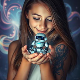 A striking image of a young woman with a detailed tattoo on her forearm, tenderly holding a small, advanced-looking robot in her hands