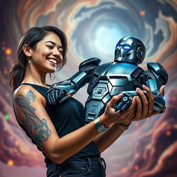 A stunning image of a young woman with a striking tattoo on her arm, impressively holding a large, detailed robot in her hands