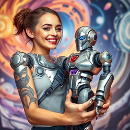 A stunning image of a young woman with a striking tattoo on her arm, impressively holding a large, detailed robot in her hands