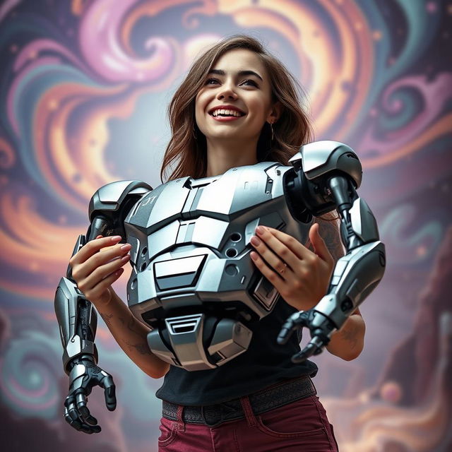 A stunning image of a young woman with a striking tattoo on her arm, impressively holding a large, detailed robot in her hands