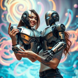 A stunning image of a young woman with a striking tattoo on her arm, impressively holding a large, detailed robot in her hands