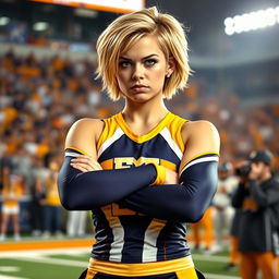 A tough-looking cheerleader with short dirty blonde hair, sporting a fierce expression and dressed in a striking cheerleading uniform with bold colors