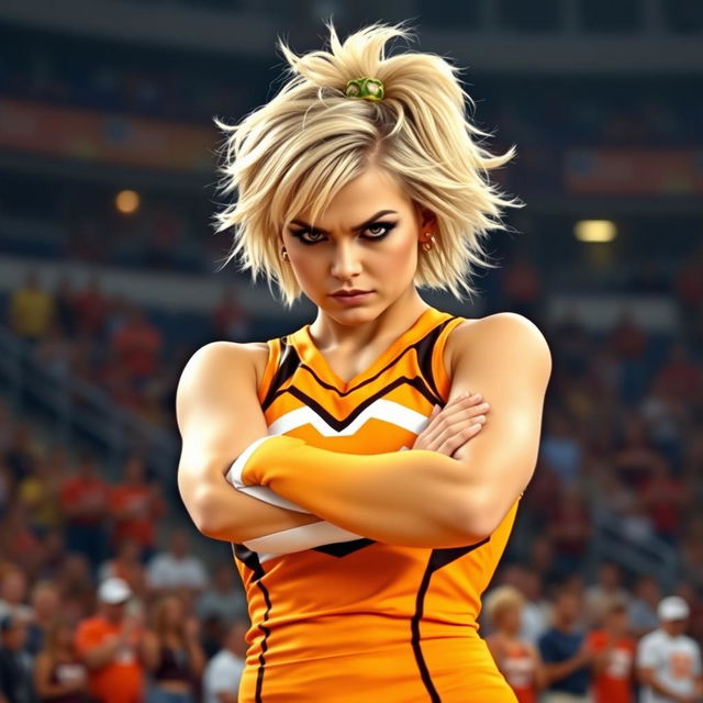 A tough-looking cheerleader with short dirty blonde hair, sporting a fierce expression and dressed in a striking cheerleading uniform with bold colors
