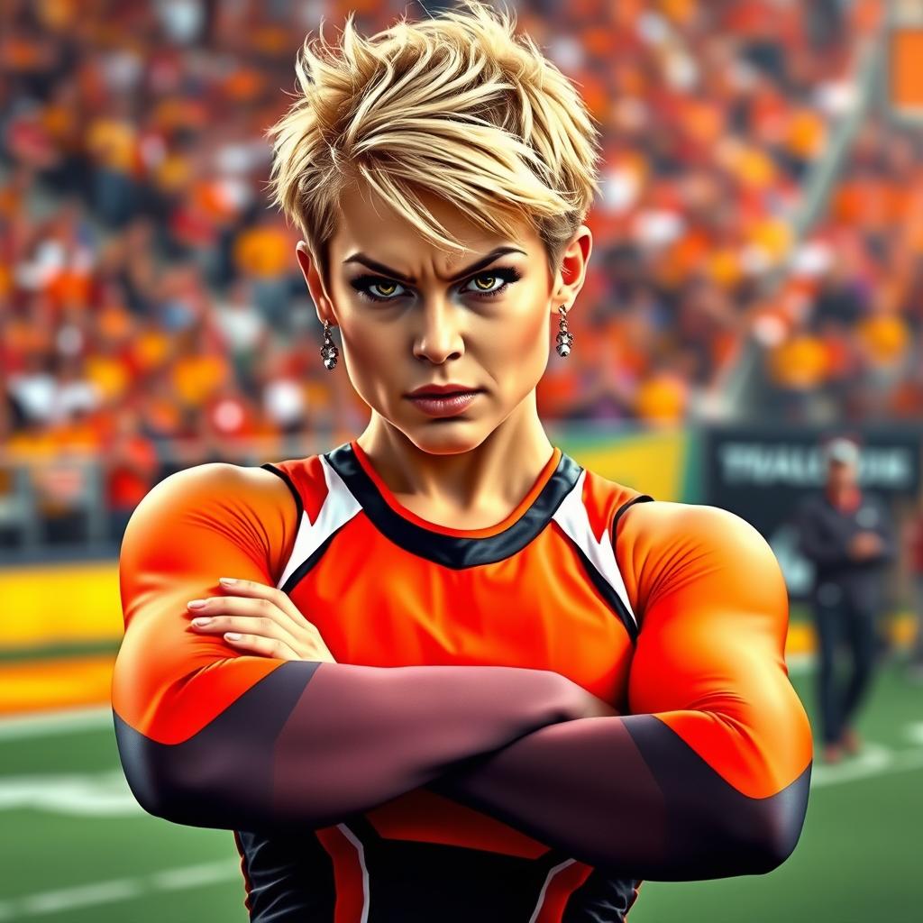 A tough-looking cheerleader with short dirty blonde hair, sporting a fierce expression and dressed in a striking cheerleading uniform with bold colors