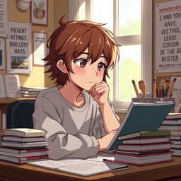 A thoughtful teenage character with brown hair, exhibiting a shy demeanor yet strong ideas