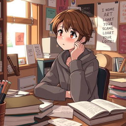 A thoughtful teenage character with brown hair, exhibiting a shy demeanor yet strong ideas