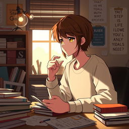 A thoughtful teenage character with brown hair, exhibiting a shy demeanor yet strong ideas