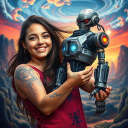 A captivating image of a young woman with an eye-catching tattoo on her arm, impressively holding a large, intricately designed robot in her hands