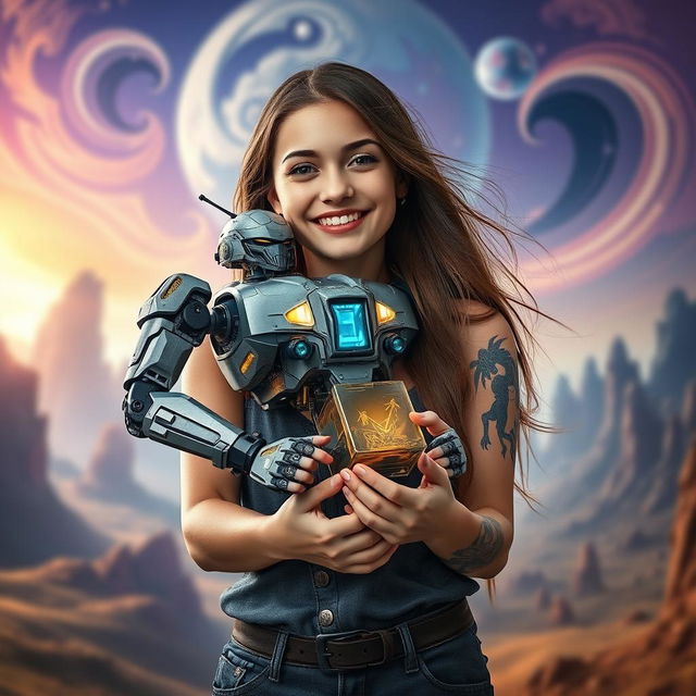 A captivating image of a young woman with an eye-catching tattoo on her arm, impressively holding a large, intricately designed robot in her hands