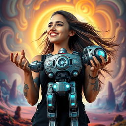 A captivating image of a young woman with an eye-catching tattoo on her arm, impressively holding a large, intricately designed robot in her hands
