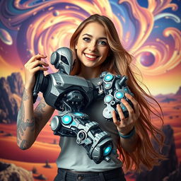 A captivating image of a young woman with an eye-catching tattoo on her arm, impressively holding a large, intricately designed robot in her hands
