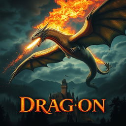 A stunning movie poster featuring a fierce fire-breathing dragon soaring above a medieval landscape