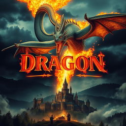 A stunning movie poster featuring a fierce fire-breathing dragon soaring above a medieval landscape