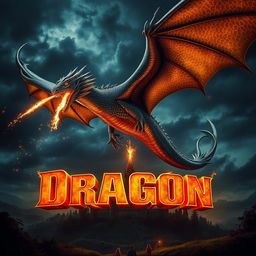A stunning movie poster featuring a fierce fire-breathing dragon soaring above a medieval landscape