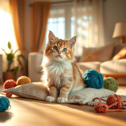 A cute and fluffy domestic cat sitting gracefully on a soft pillow, with bright green eyes and playful whiskers