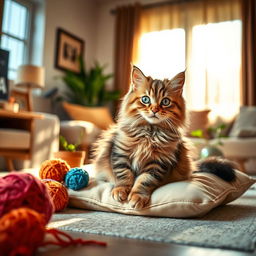 A cute and fluffy domestic cat sitting gracefully on a soft pillow, with bright green eyes and playful whiskers