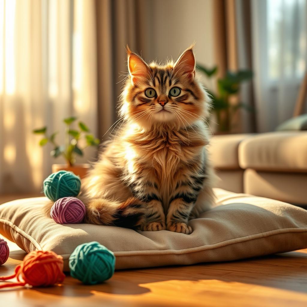 A cute and fluffy domestic cat sitting gracefully on a soft pillow, with bright green eyes and playful whiskers