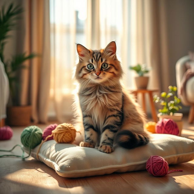 A cute and fluffy domestic cat sitting gracefully on a soft pillow, with bright green eyes and playful whiskers