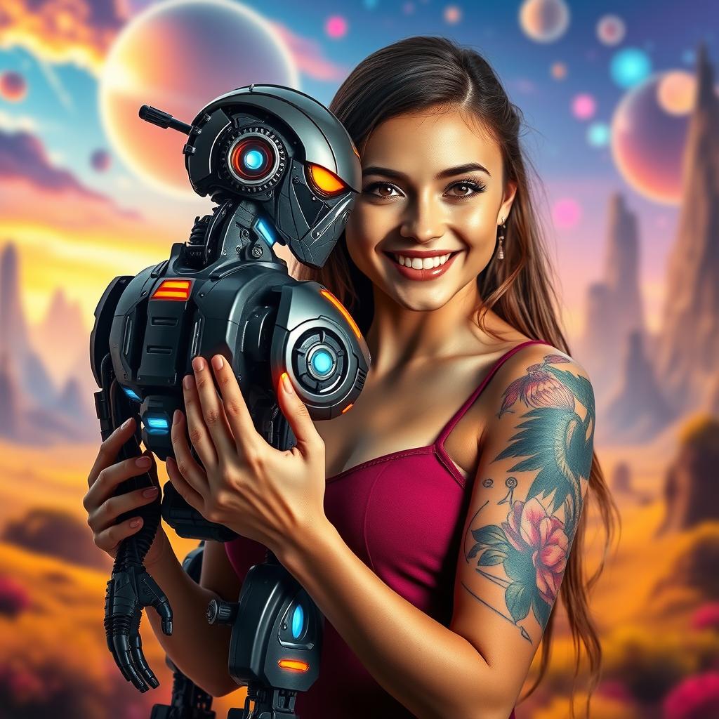 A breathtaking image of a beautiful young woman with a colorful tattoo prominently displayed on her arm, confidently holding a large, intricately designed robot in her hands