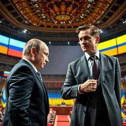A dramatic showdown between two powerful leaders, Vladimir Putin and Volodymyr Zelensky, depicted in a tense and intense political conflict