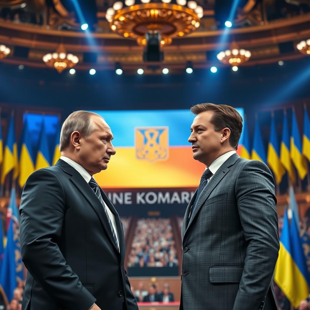 A dramatic showdown between two powerful leaders, Vladimir Putin and Volodymyr Zelensky, depicted in a tense and intense political conflict
