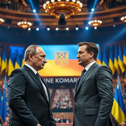 A dramatic showdown between two powerful leaders, Vladimir Putin and Volodymyr Zelensky, depicted in a tense and intense political conflict