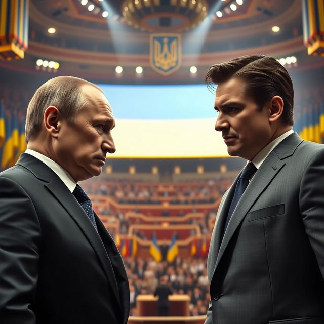 A dramatic showdown between two powerful leaders, Vladimir Putin and Volodymyr Zelensky, depicted in a tense and intense political conflict