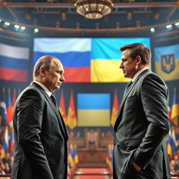 A dramatic showdown between two powerful leaders, Vladimir Putin and Volodymyr Zelensky, depicted in a tense and intense political conflict