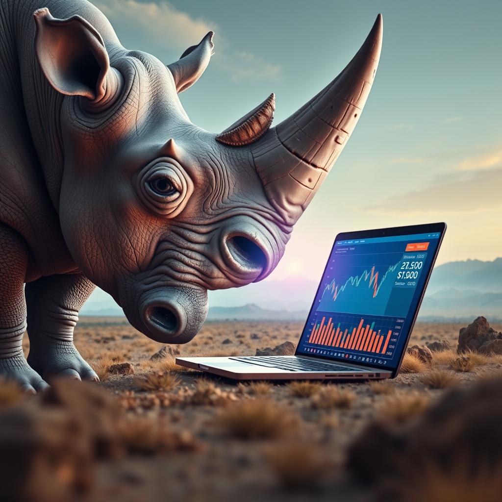 A surreal scene featuring a rhinoceros facing a laptop, its large eyes reflecting downward as digital currency prices drop dramatically on the screen