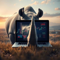 A surreal scene featuring a rhinoceros facing a laptop, its large eyes reflecting downward as digital currency prices drop dramatically on the screen