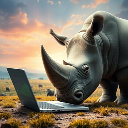 A surreal scene featuring a rhinoceros facing a laptop, its large eyes reflecting downward as digital currency prices drop dramatically on the screen