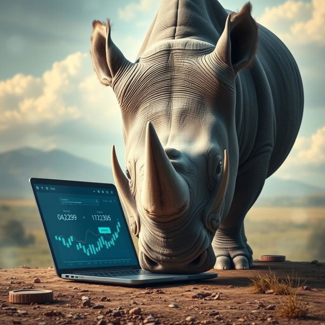 A surreal scene featuring a rhinoceros facing a laptop, its large eyes reflecting downward as digital currency prices drop dramatically on the screen