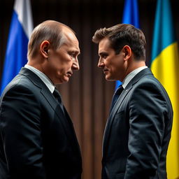 A tense and dramatic face-to-face confrontation between Vladimir Putin and Volodymyr Zelensky