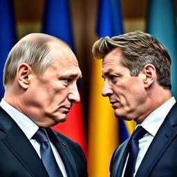 A tense and dramatic face-to-face confrontation between Vladimir Putin and Volodymyr Zelensky